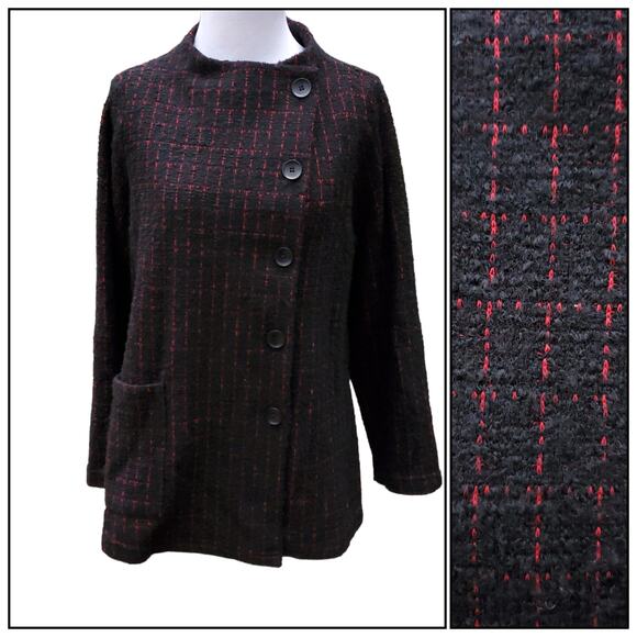 Sahara London Size 1 Black Red Plaid Jacket Asymmetric Front Pockets Sz S - Picture 1 of 15